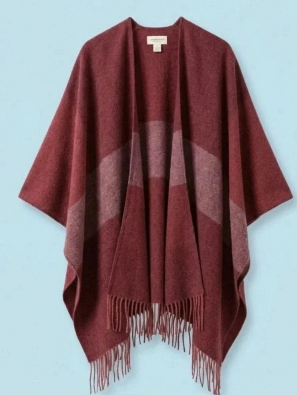 Woolrich Cozy Blanket Wrap Poncho Burgundy Fringe Open Front Cape Shawl